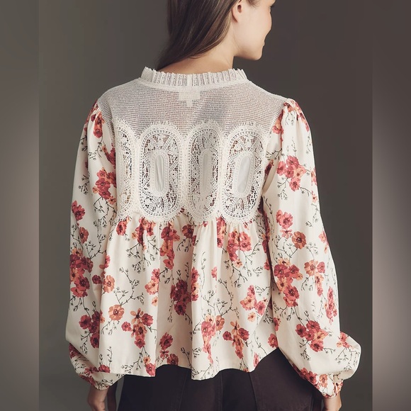 Anthropologie The Iris Long-Sleeve Lace Poplin Blouse by En Elly Small Floral - Picture 3 of 6